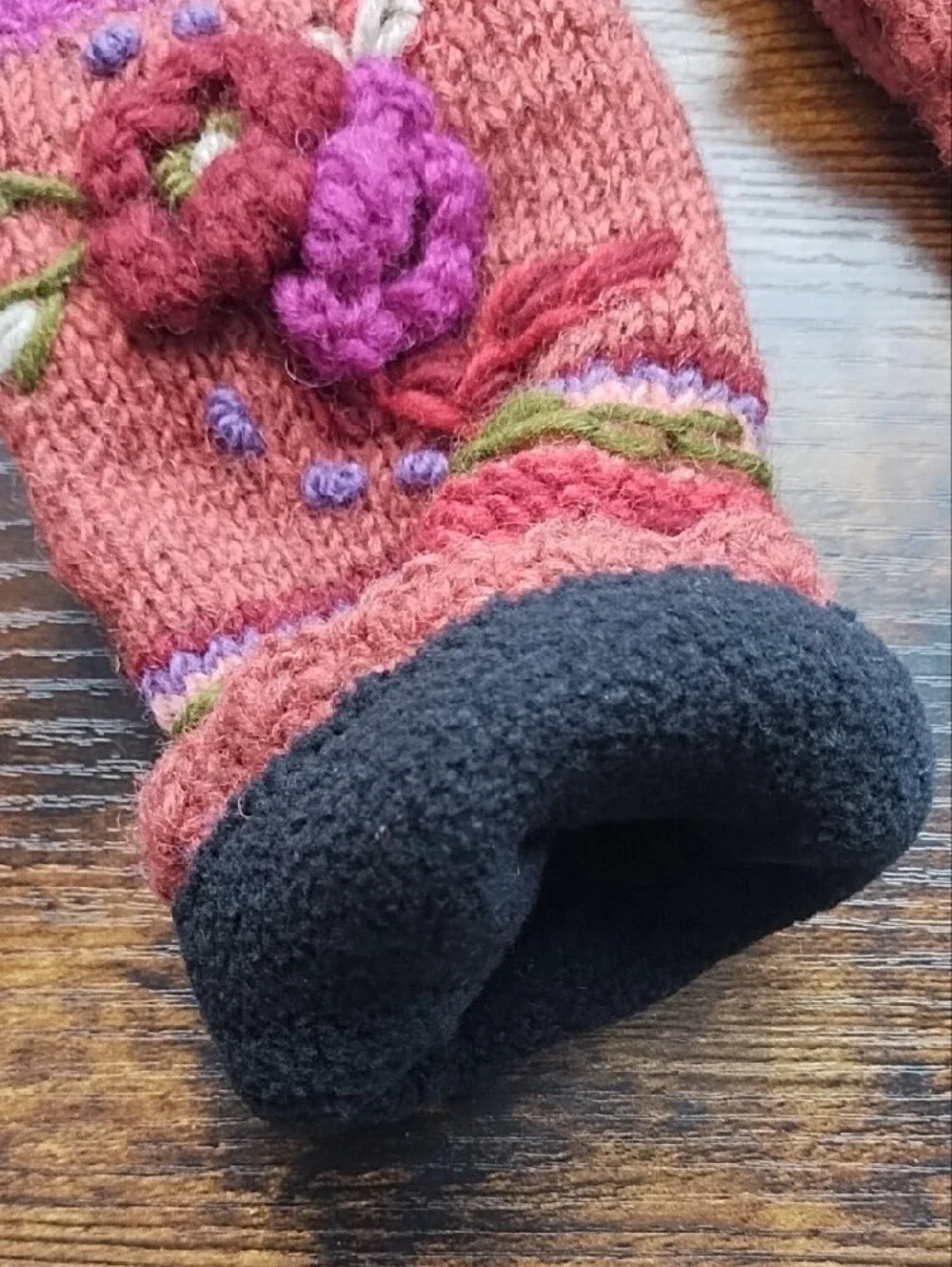 100% Wool Handwarmers Crochet Flowers Embroidery Fleece Lined Lassen Fair Trade